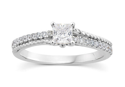 Princess Cut Diamond 5/8ctw. Two Row Beaded Engagement Ring in 14k White Gold